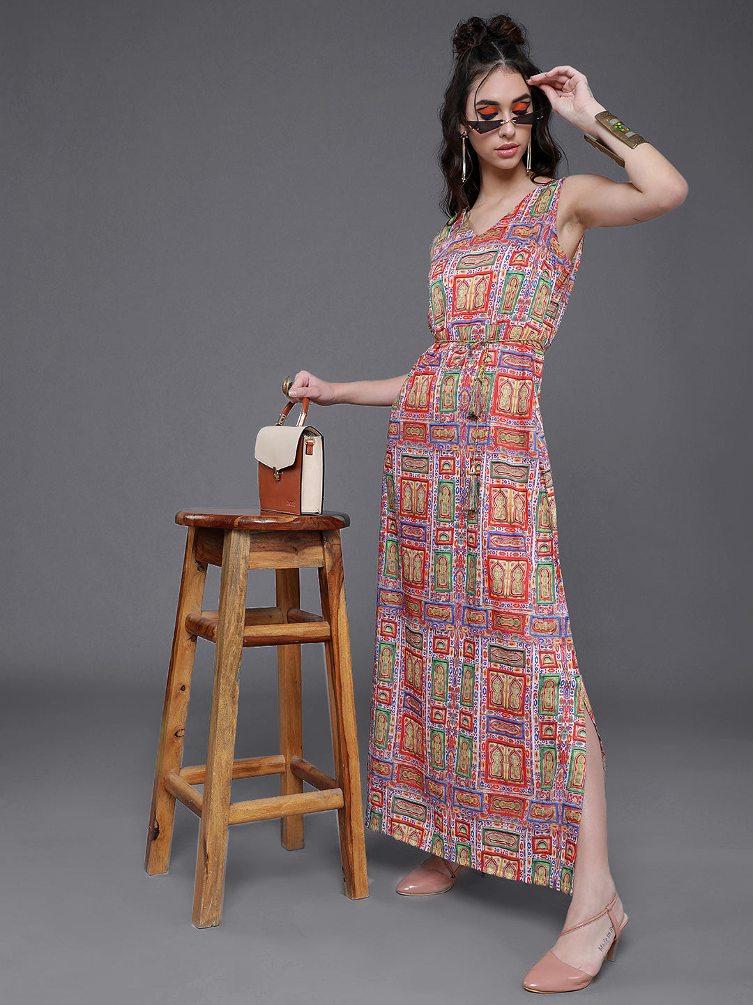 Multicolor Printed Slit Maxi Dress