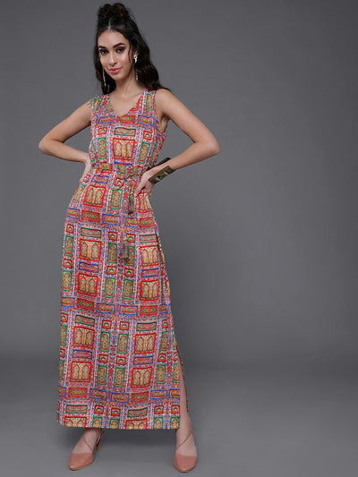 Multicolor Printed Slit Maxi Dress