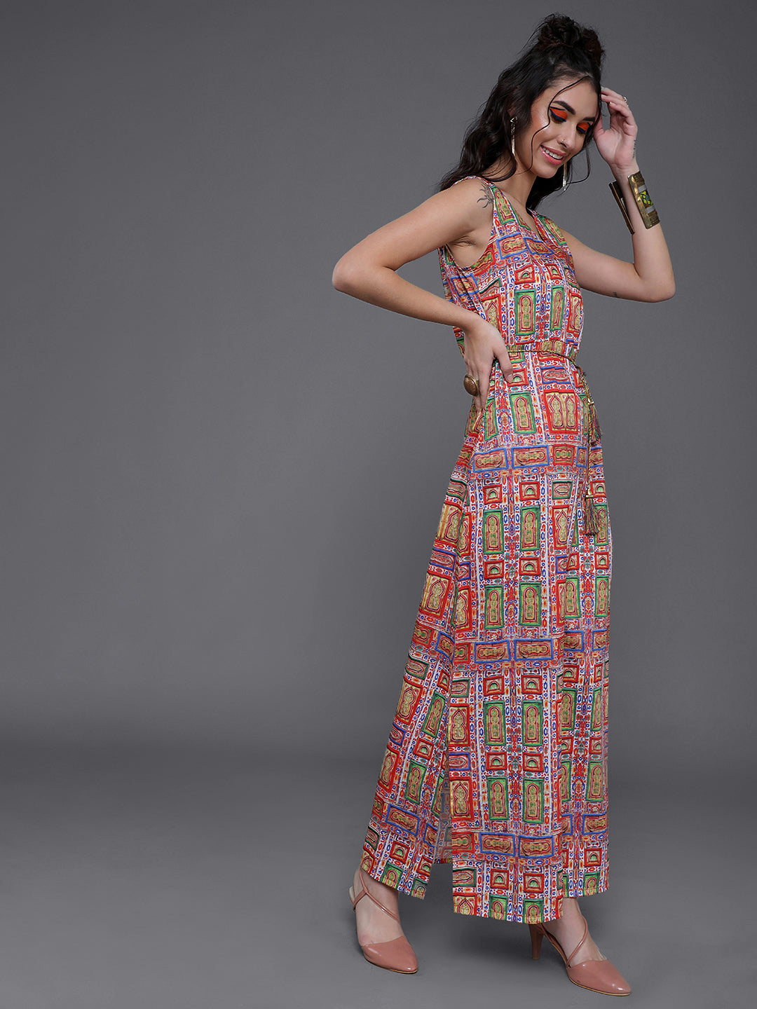 Multicolor Printed Slit Maxi Dress