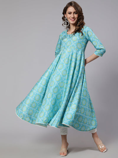 Mother Daughter Combo-Blue Bandhani Print Anarkali