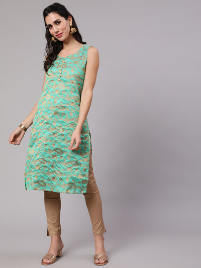 Green Jacquard Zari Work Kurta