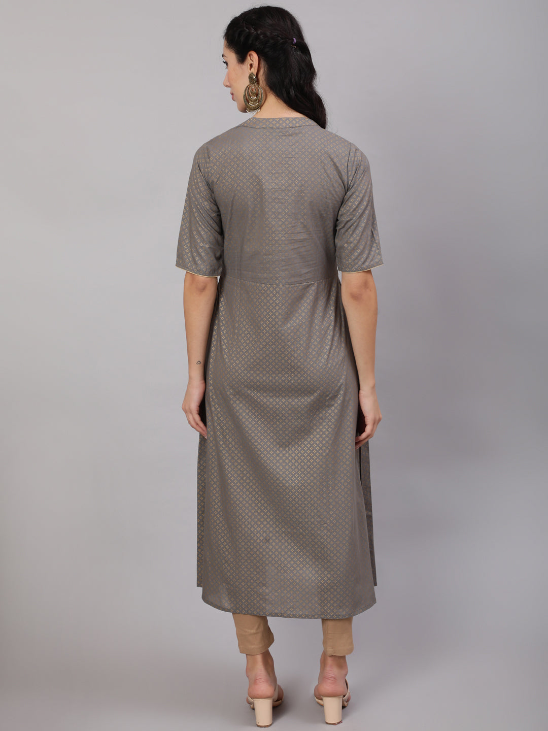 Grey Gold Print A-Line Kurta