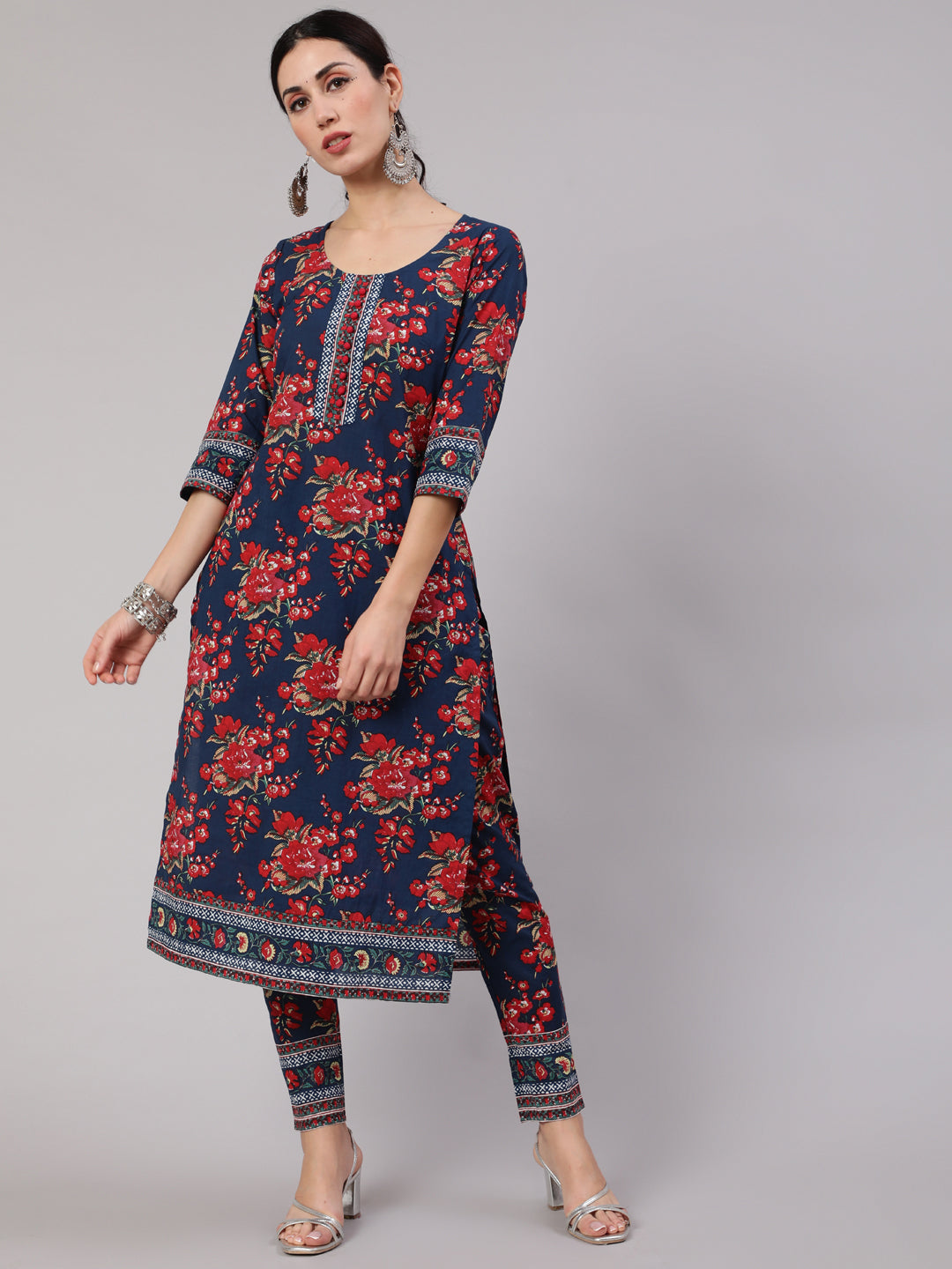 Navy Blue Floral Print Straight Kurta