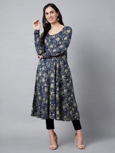 Navy Blue Floral Print Flared Anarkali