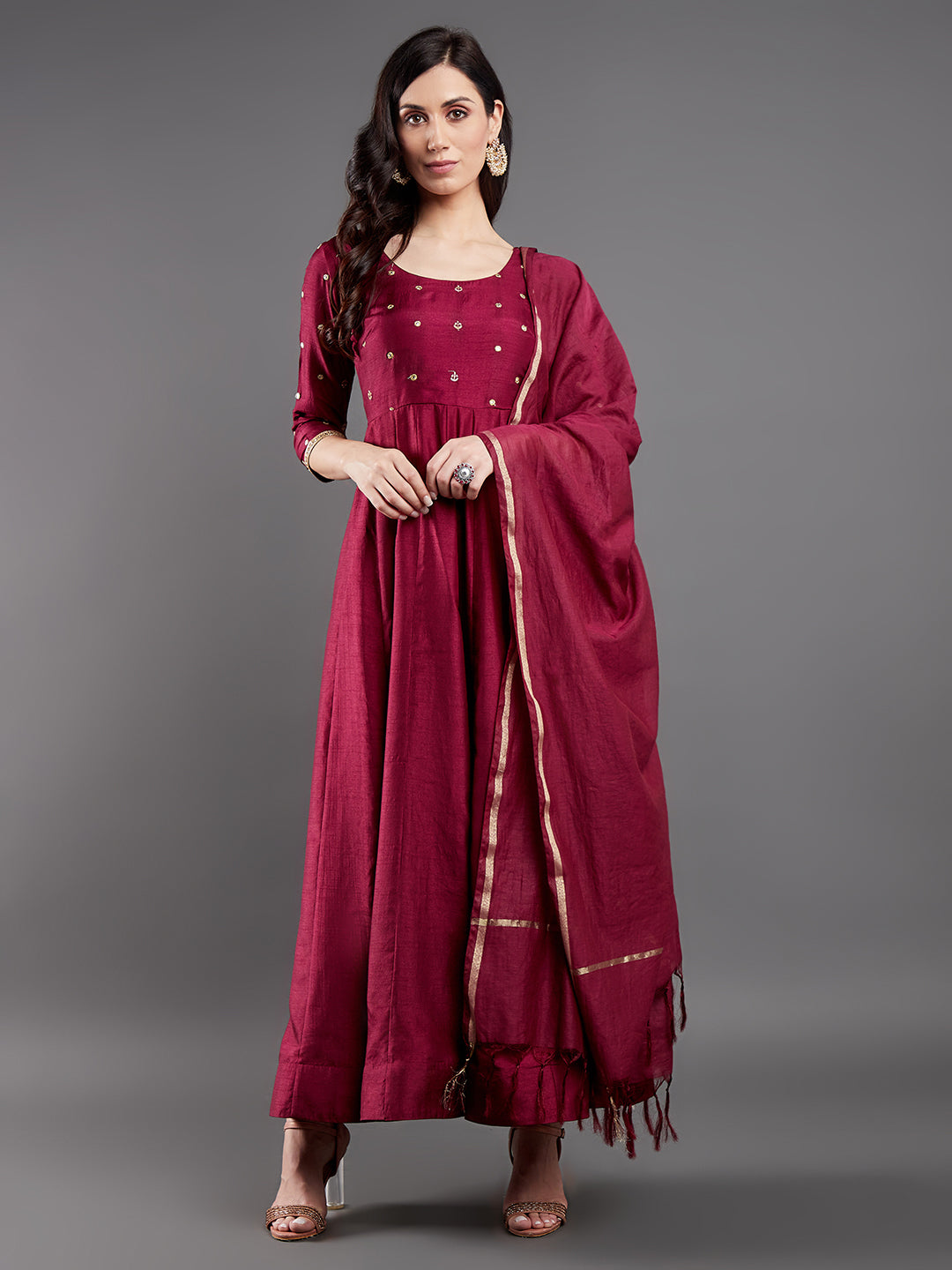 Burgundy Embroidered Maxi Dress With Dupatta