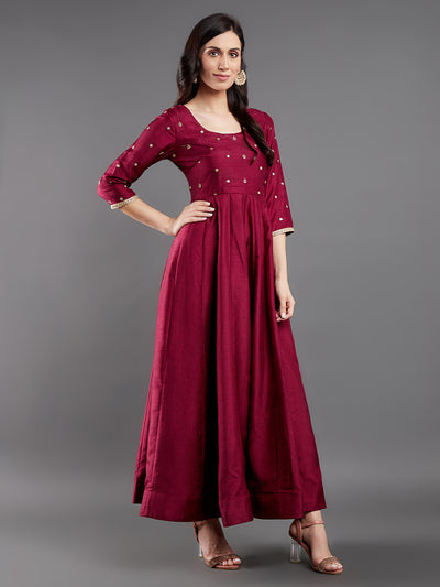 Burgundy Embroidered Maxi Dress With Dupatta