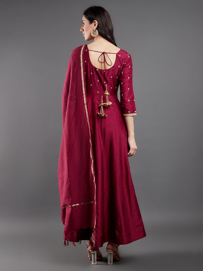 Burgundy Embroidered Maxi Dress With Dupatta