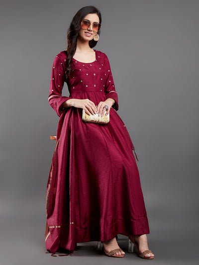 Burgundy Embroidered Maxi Dress With Dupatta