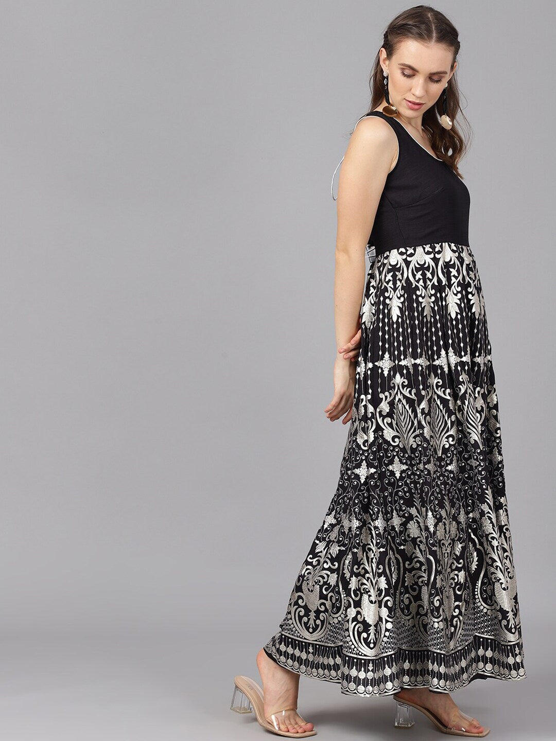 Black Printed Flared Maxi Dress